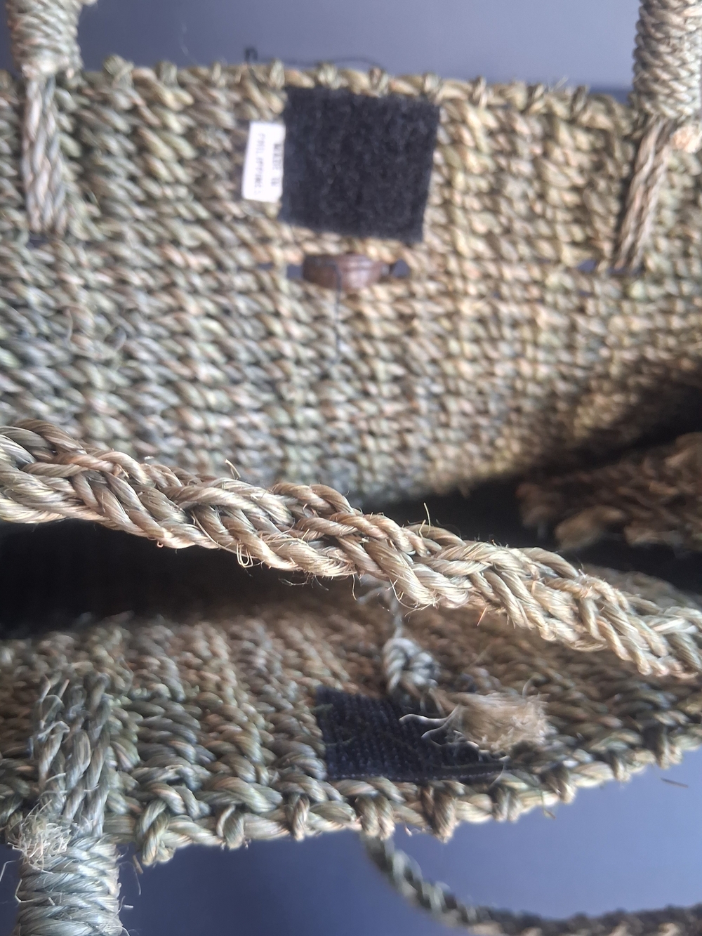 Woven Straw Tote Bag with Wooden Animal Accents - Olive Green - Picture 4 of 7